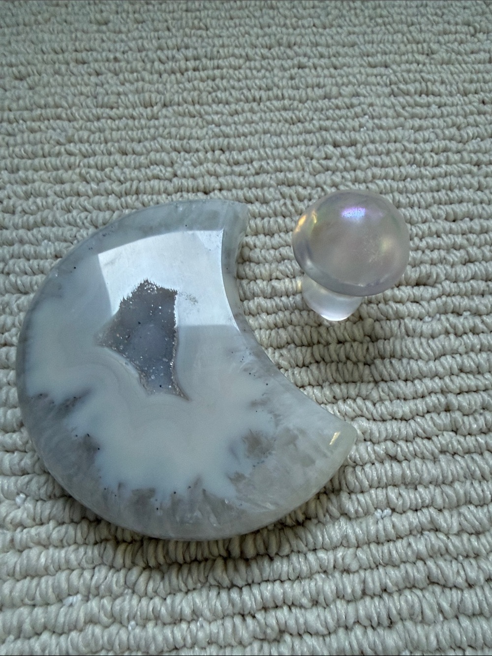 Handcrafted White Agate Moon Druse agate with Iridescent a Glass Mushroom Accent